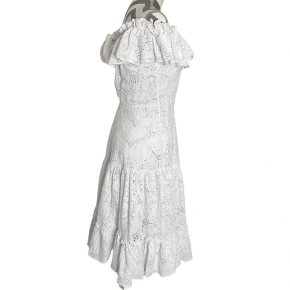 Isolda Eyelet Dress Size Small 4 Off The Shoulder Ruffled White Midi Lace Flare - Picture 2 of 15
